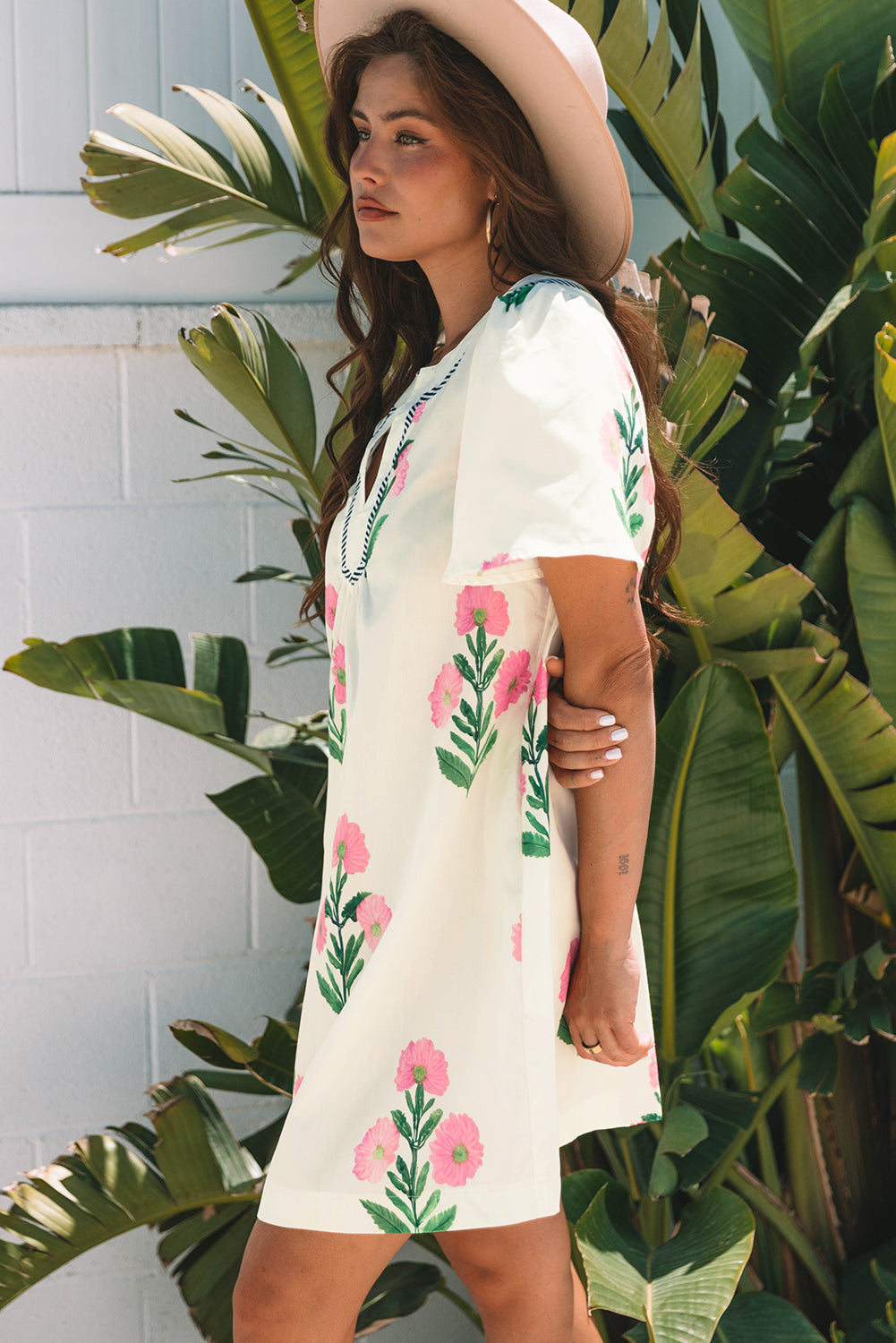 Paloma Floral Short Sleeve Split Neck Loose Mini Dress - Threaded Pear