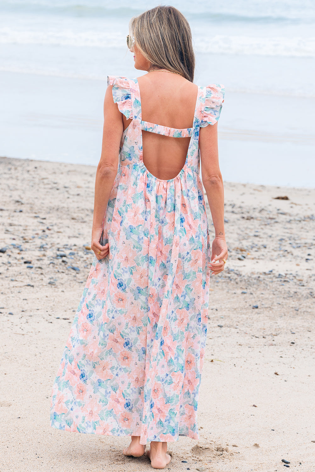 Nataly Floral Square Neck Backless Long Dress - Threaded Pear