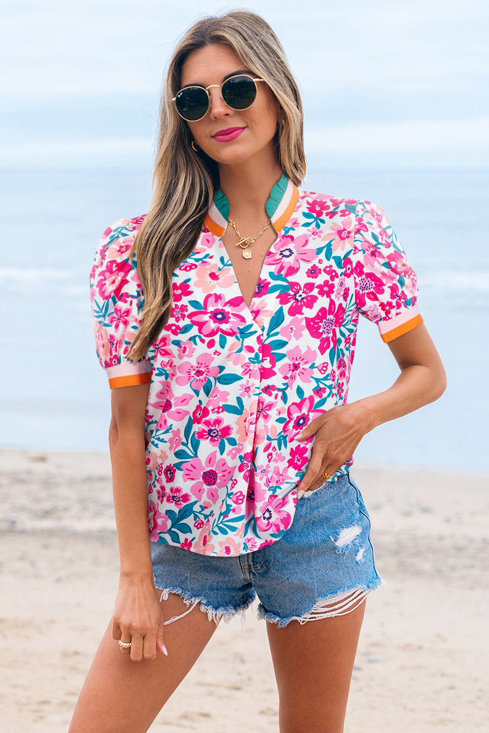 Gianna Floral Short Sleeve Blouse - Threaded Pear