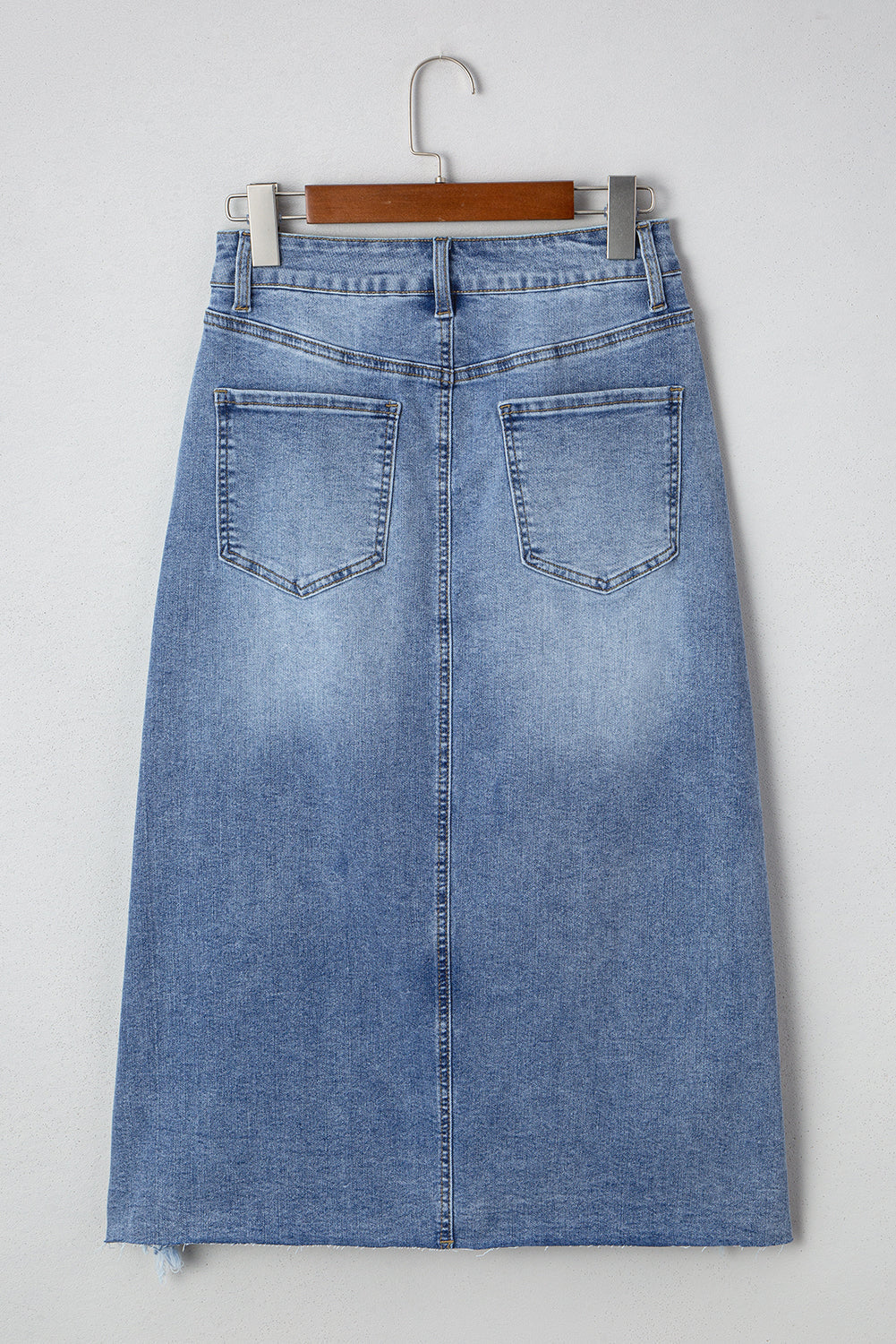 Alexis Irregular Distressed Bottom Denim Midi Skirt - Threaded Pear