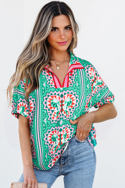 Kamiyah Boho Abstract Striped Collared V Neck Blouse - Threaded Pear
