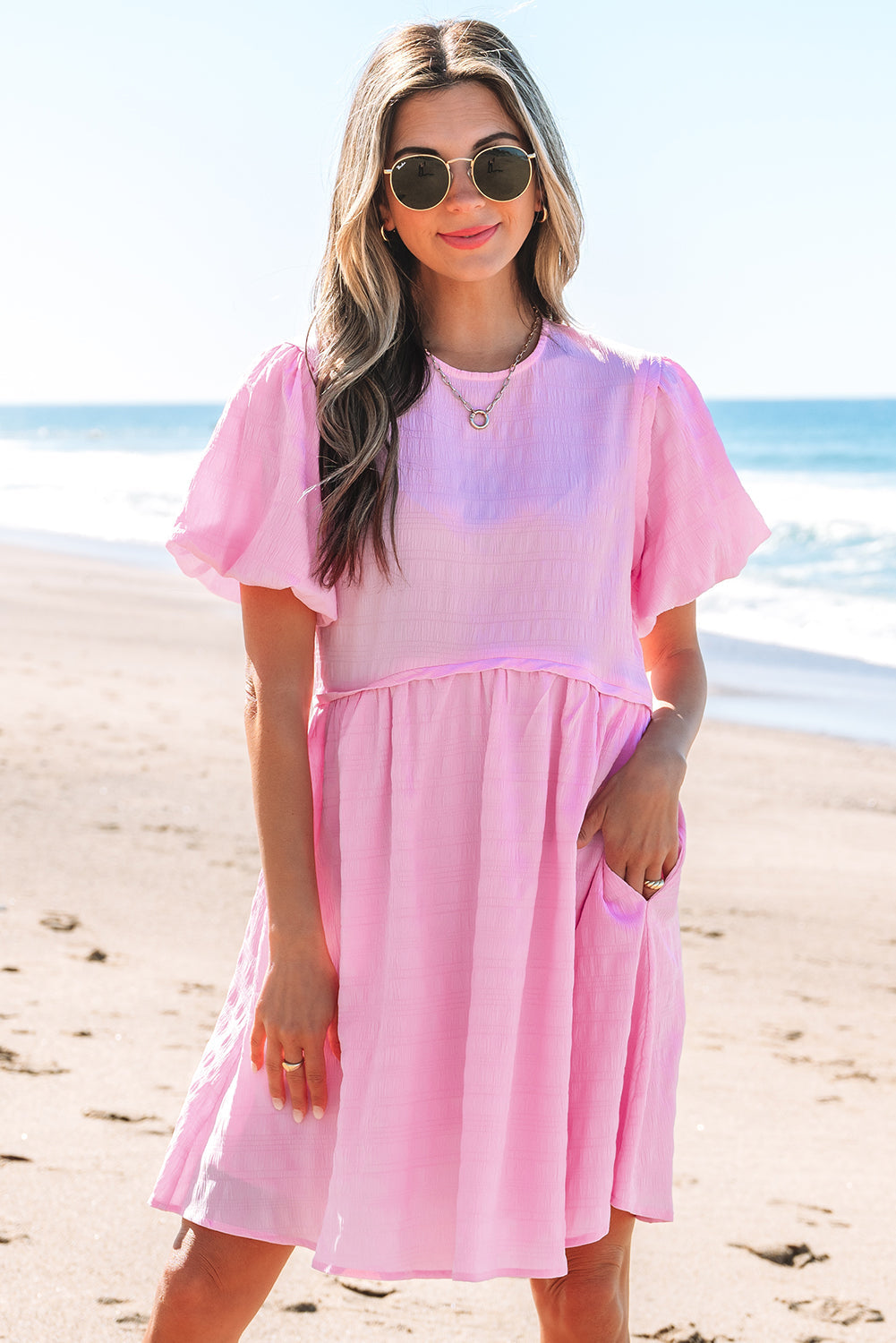 Winona Bubble Sleeve High Waist Mini Dress - Threaded Pear