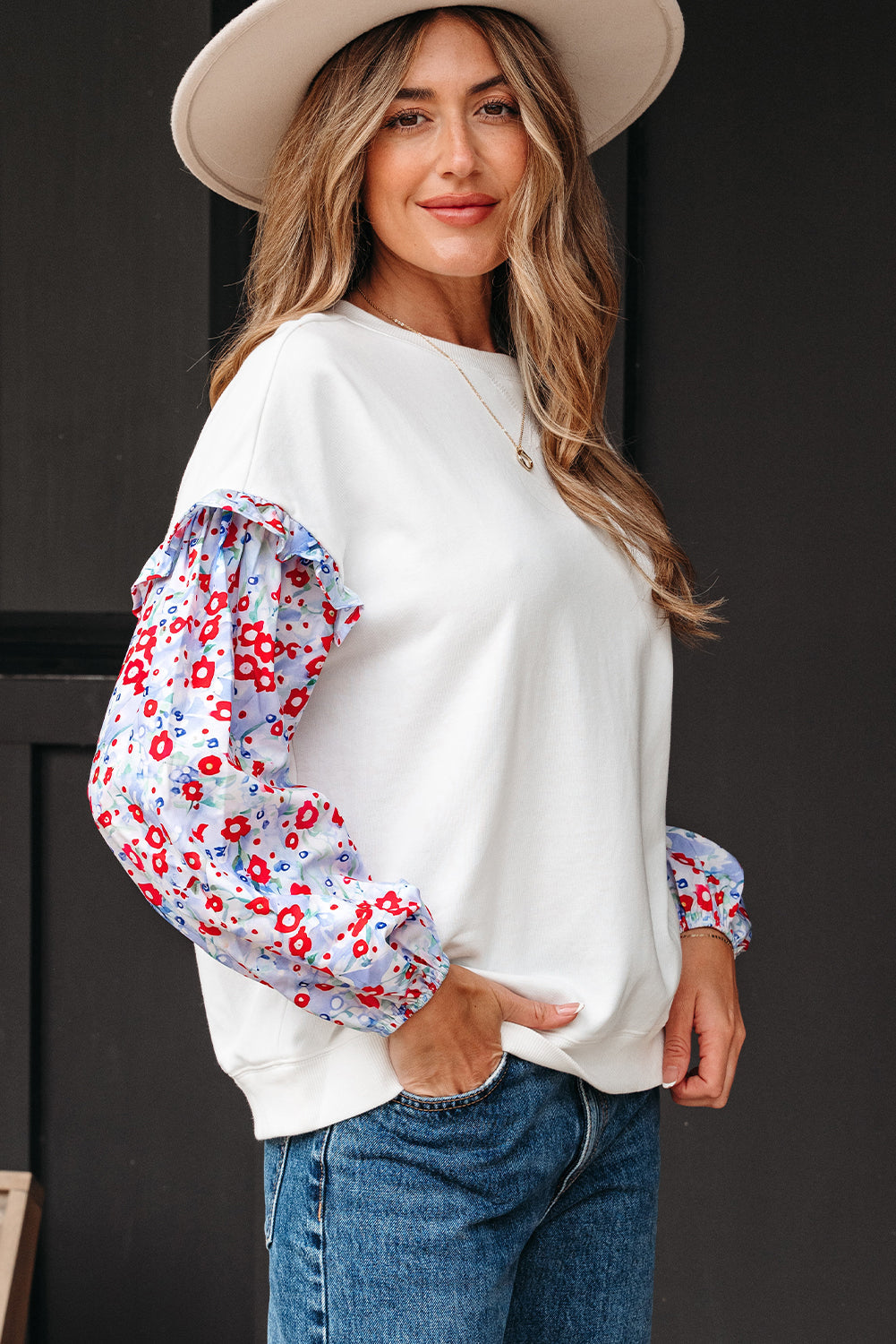 Isabel Floral Ruffled Balloon Sleeve Loose Blouse - Threaded Pear