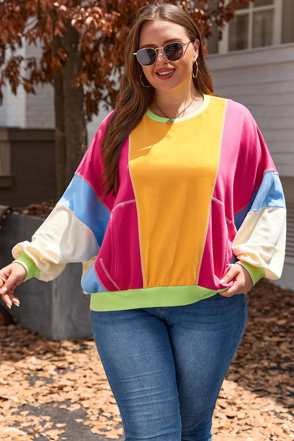 Rose Red Plus Size Colorblock Patchwork Exposed Seam Sweatshirt - Threaded Pear