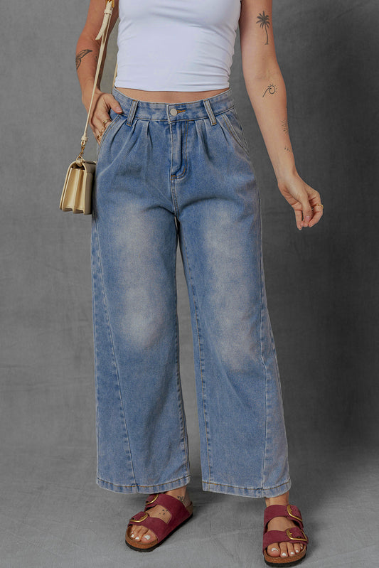 Scottie Blue Washed Pleated Detail Wide Leg Jeans - Threaded Pear