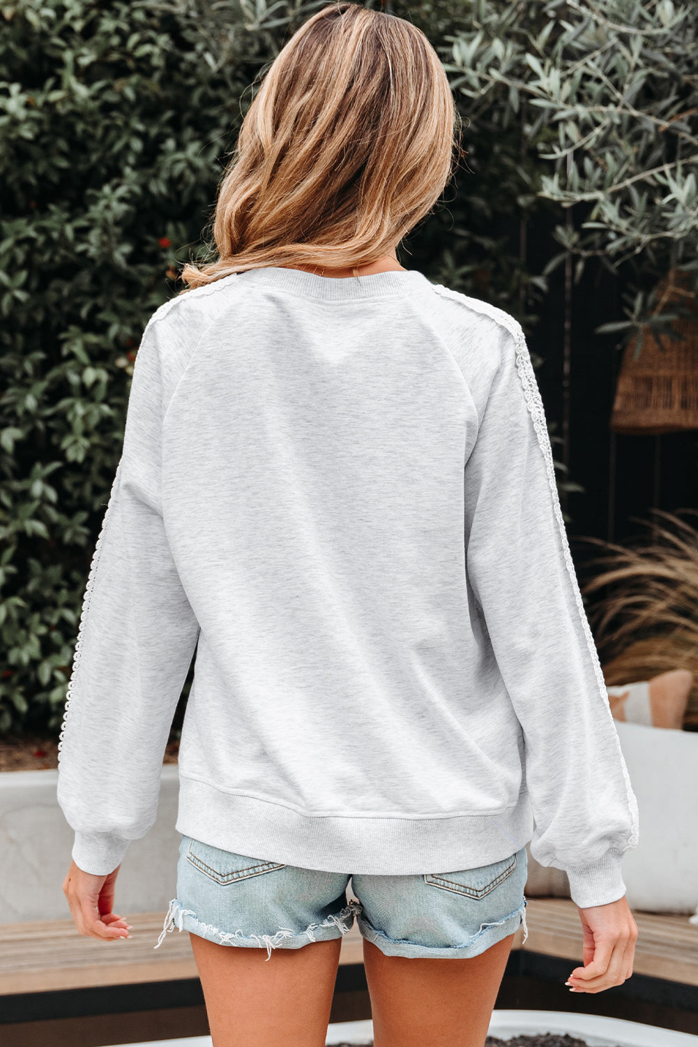 Peyton Lace Patchwork Raglan Sleeve Crew Neck Sweatshirt - Threaded Pear