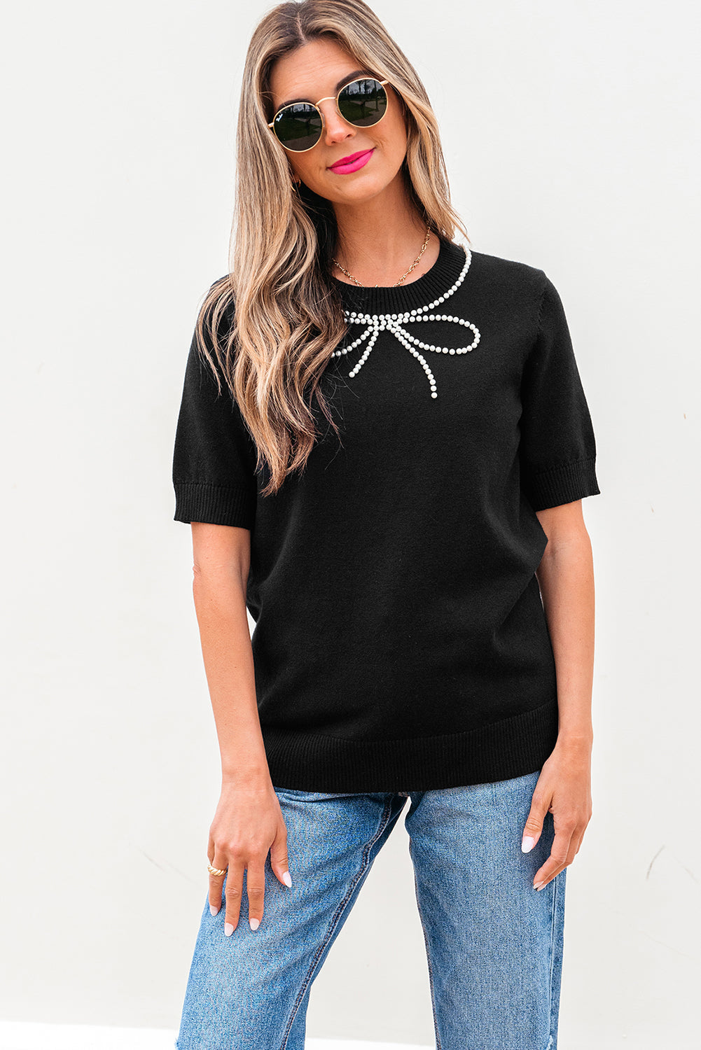 Bria Pearl Bow Short Sleeve Knitted Top - Threaded Pear