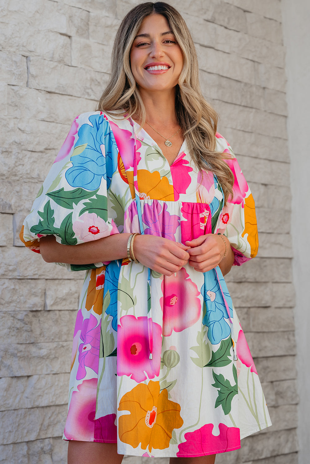 Iyla Floral Split Neck Babydoll Dress - Threaded Pear