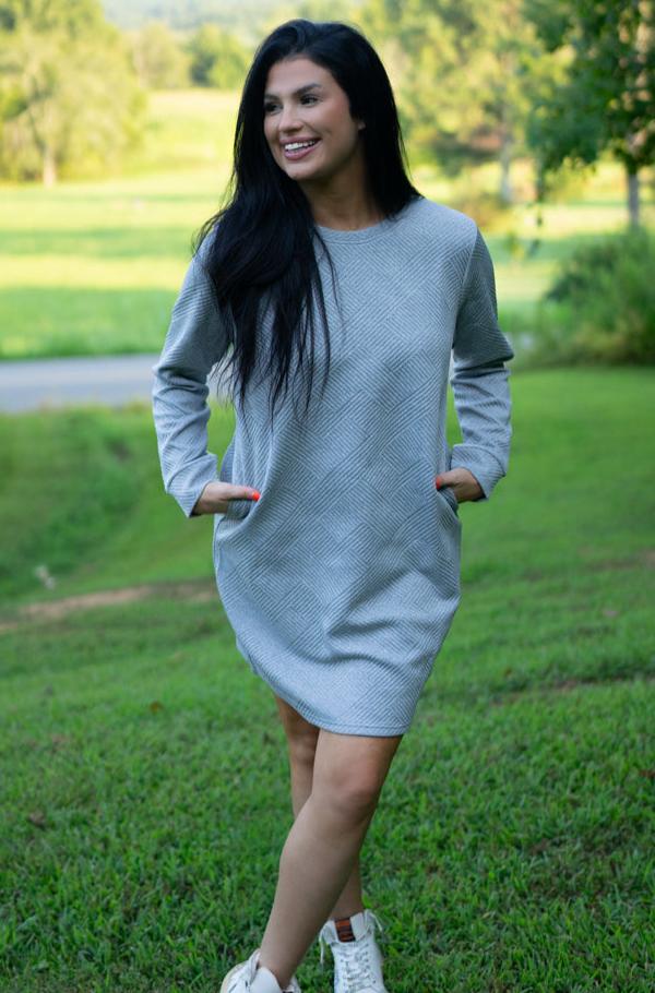 Quincy Textured Long Sleeve Dress - Threaded Pear