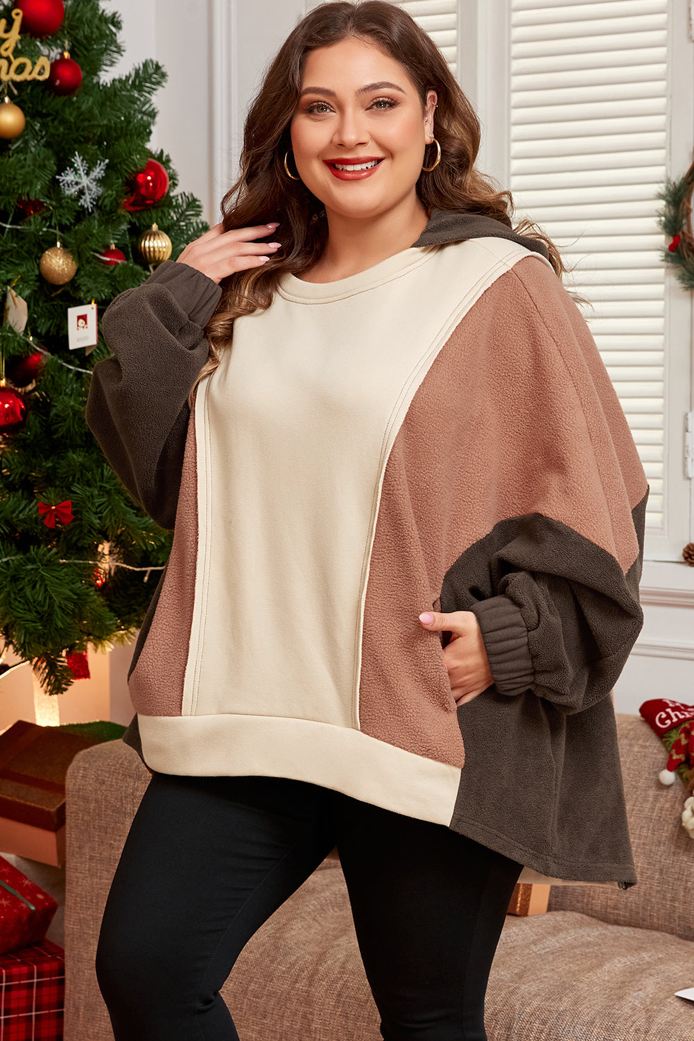 Brown Exposed Seam Colorblock Plus Size Hoodie - Threaded Pear