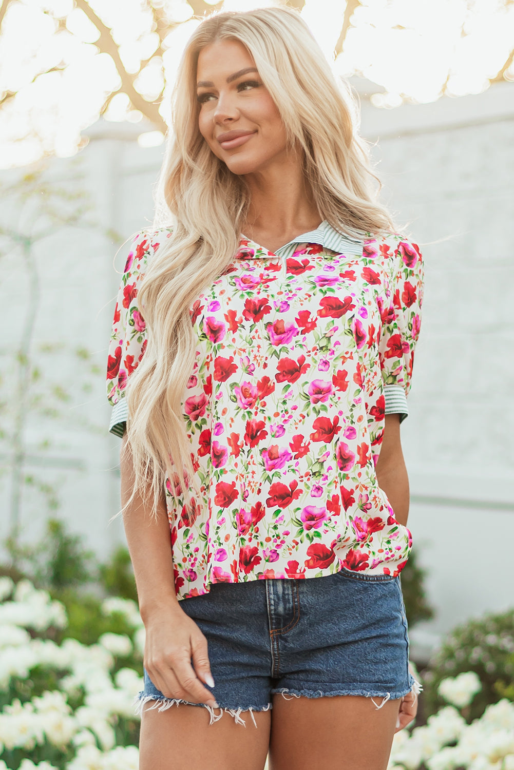 Romy Floral Striped Patchwork Collared Short Sleeve Blouse - Threaded Pear