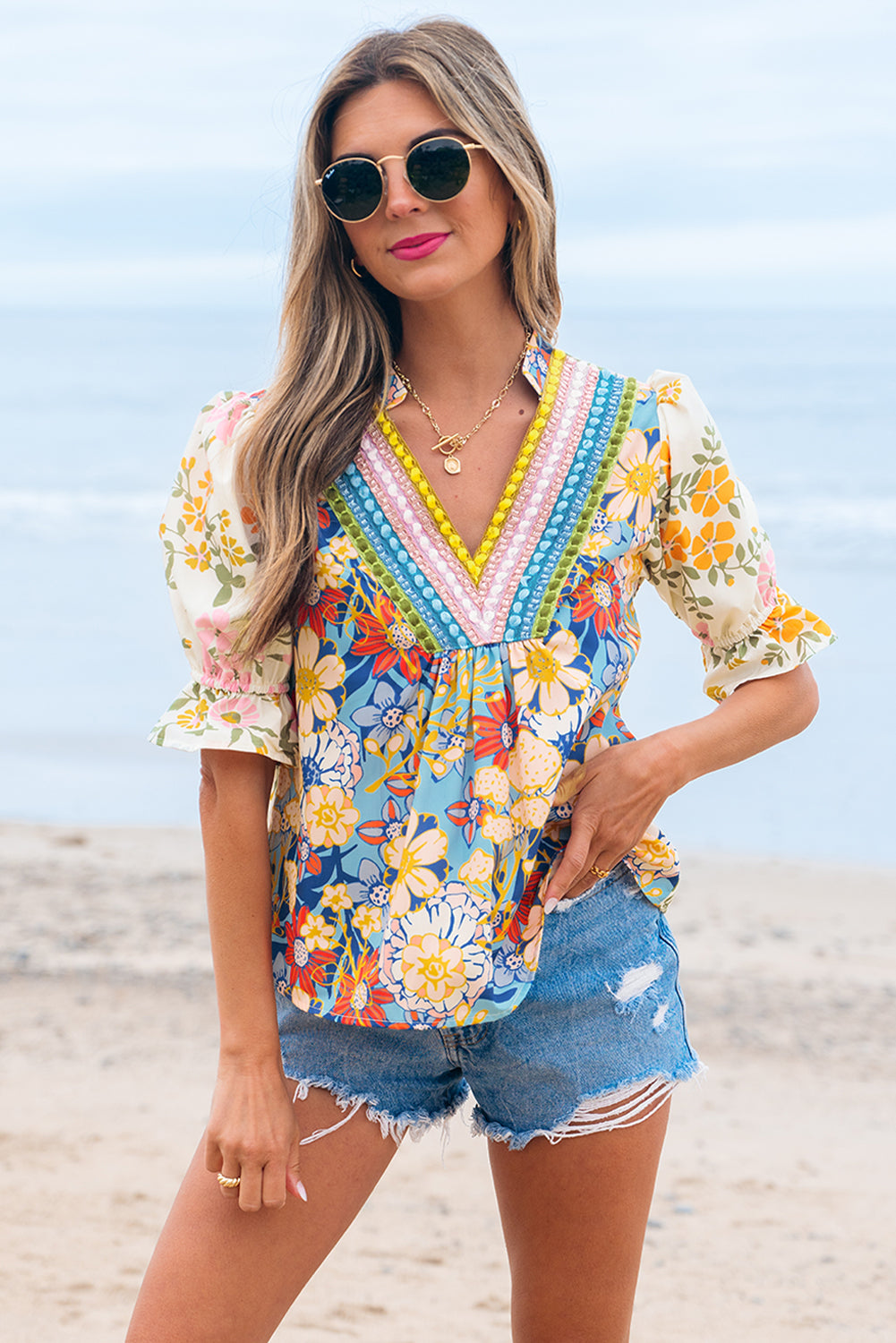 Gwen Crochet V Neck Boho Floral Blouse - Threaded Pear