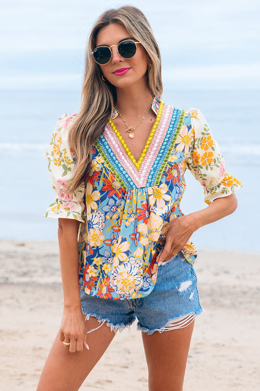 Gwen Crochet V Neck Boho Floral Blouse - Threaded Pear