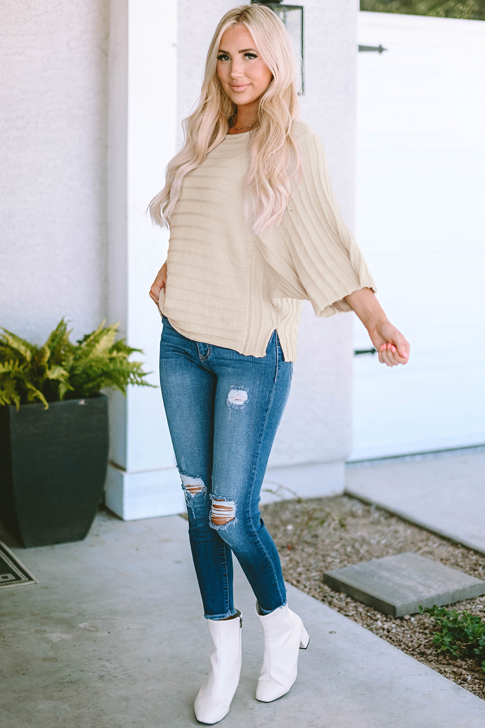 Ella Ribbed Knit Dolman Sweater - Threaded Pear