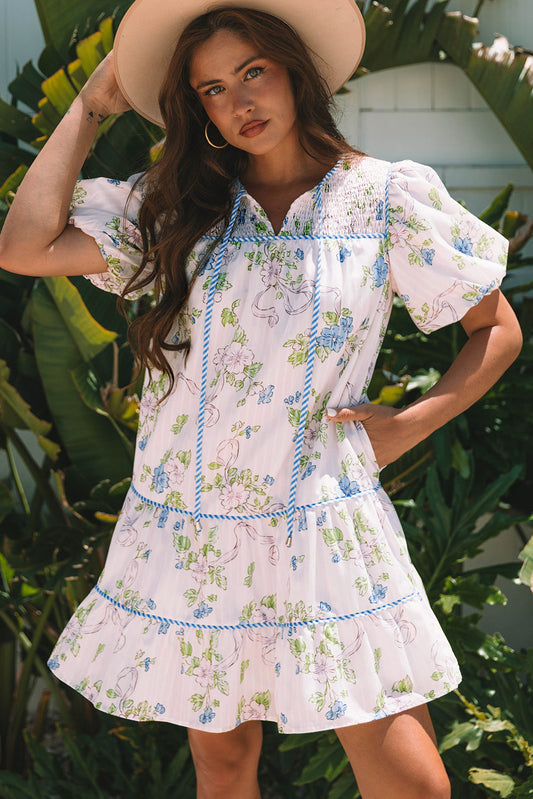 Celina Floral Striped Trim Tie Split Neck Mini Dress - Threaded Pear