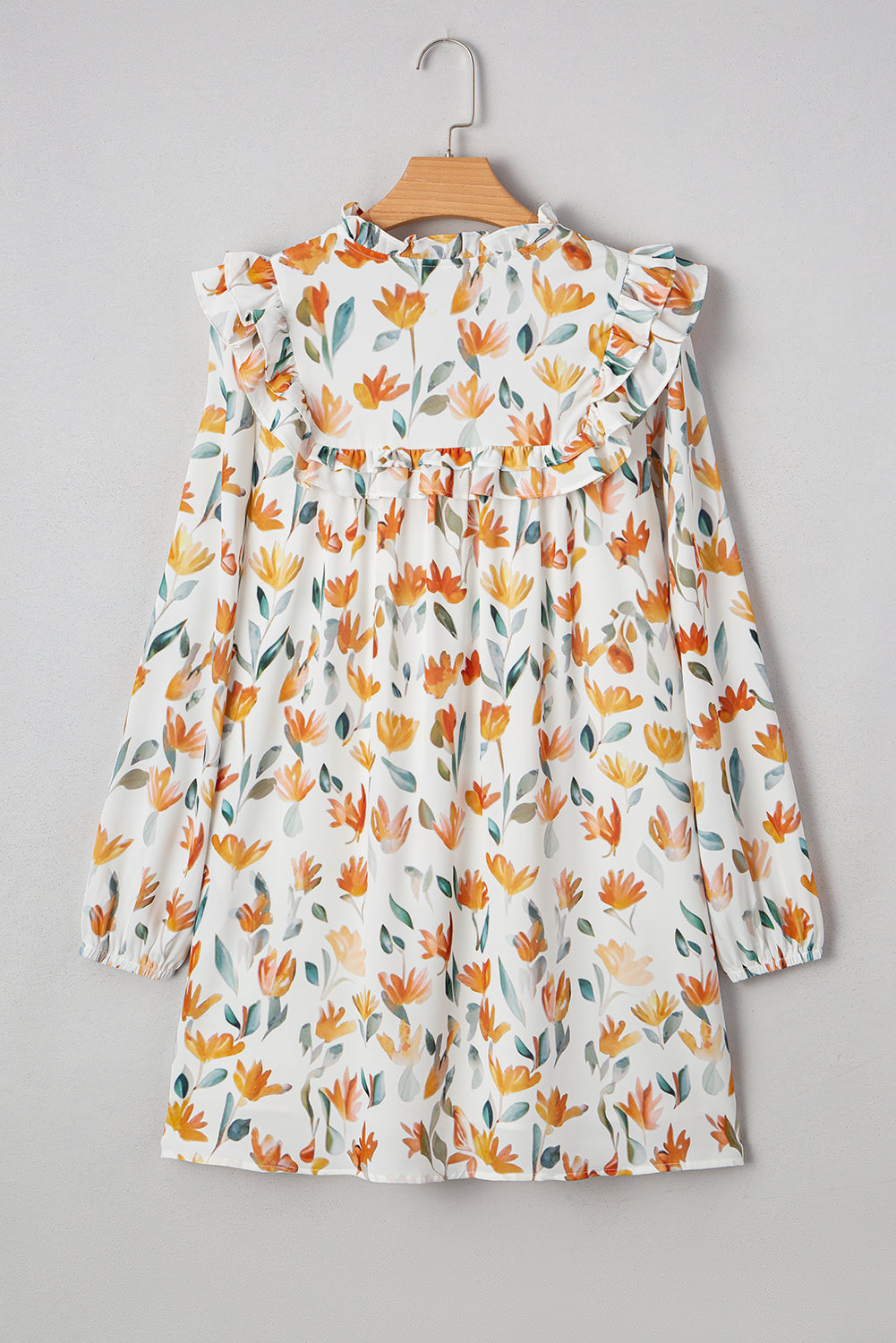 Katherine Floral Tie Neck Frilled Long Sleeve Dress - Threaded Pear