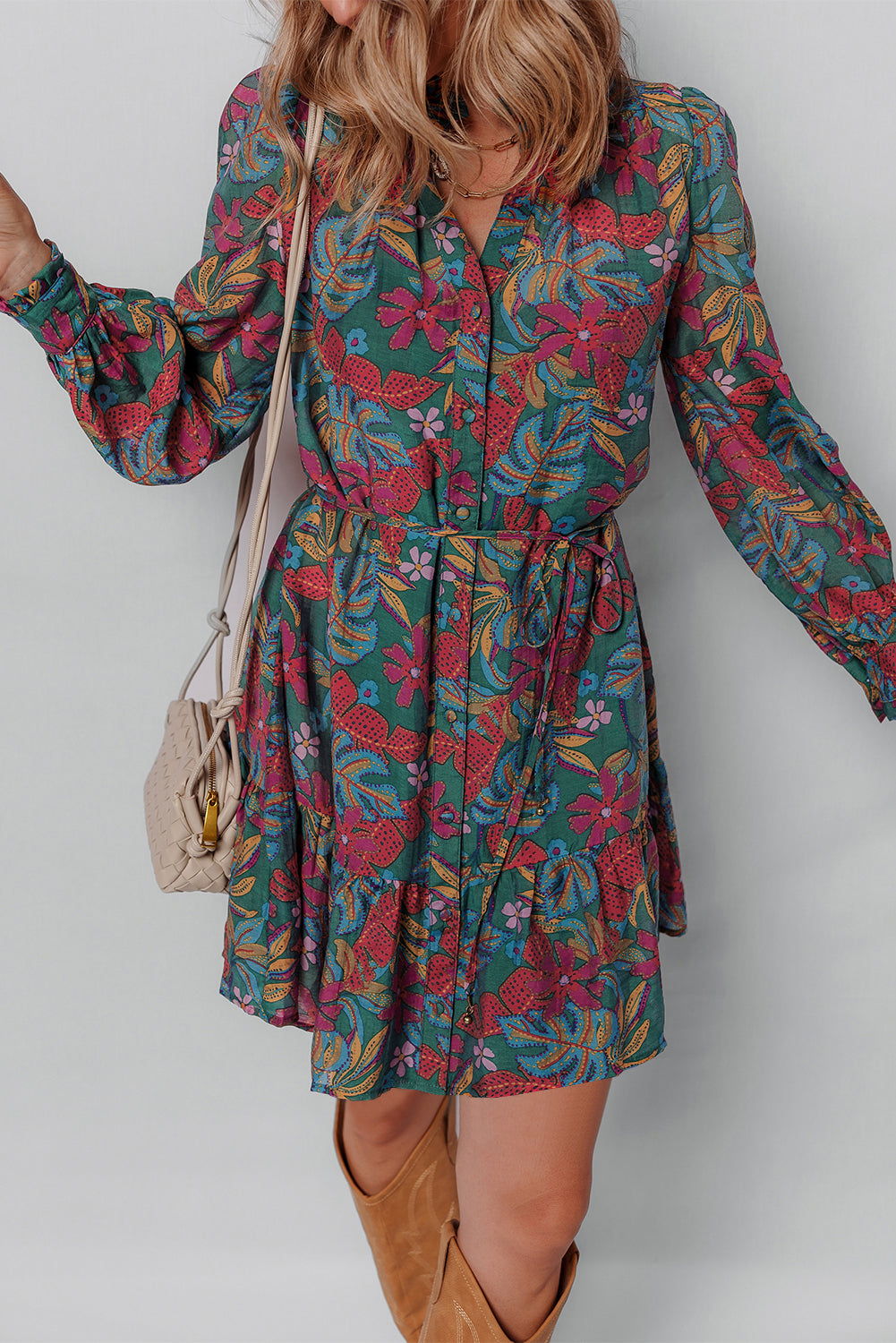 Maria Floral V Neck Puff Sleeve Dress - Threaded Pear
