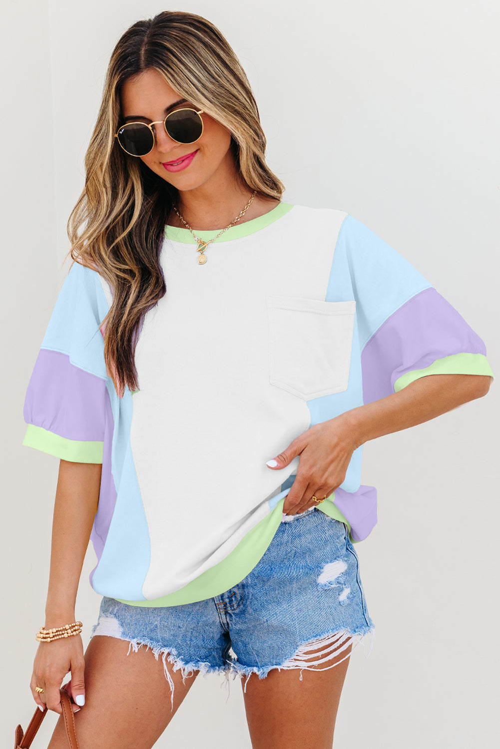 Zoe Patchwork Half Sleeve Oversized Top - Threaded Pear