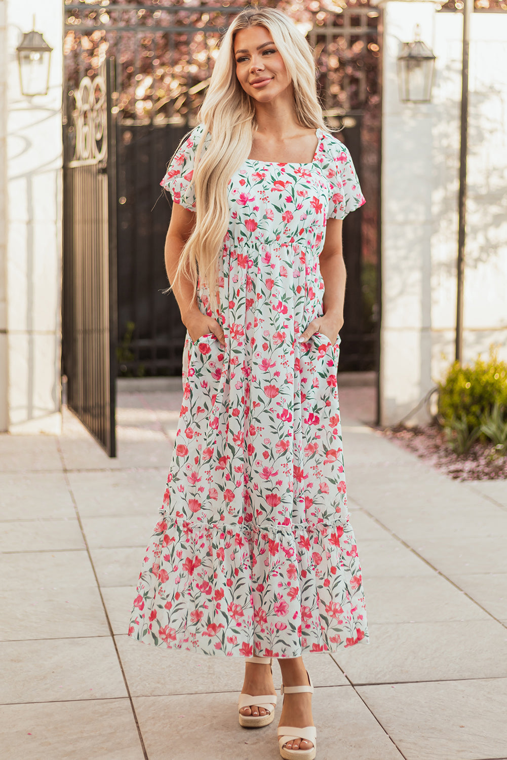 Molly Floral Square Neck Empire Waist Tiered Maxi Dress - Threaded Pear