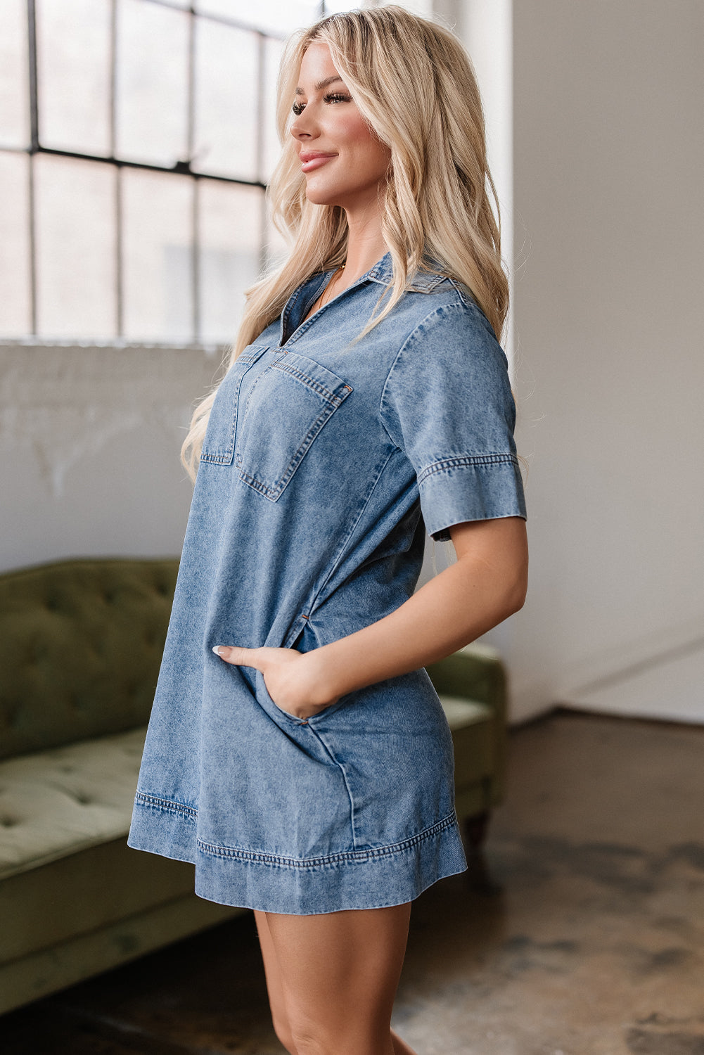 Makenzie Short Sleeve Collared Denim Dress - Threaded Pear