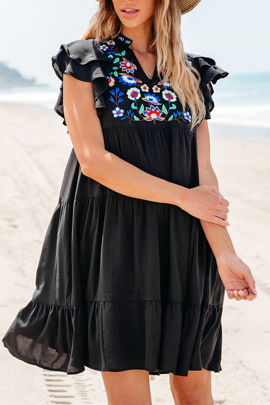 Veda Floral Embroidered Tiered Ruffled Mini Dress - Threaded Pear