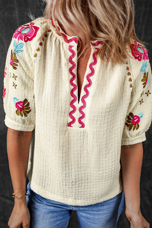 August Floral Embroidered Puff Sleeve Blouse - Threaded Pear