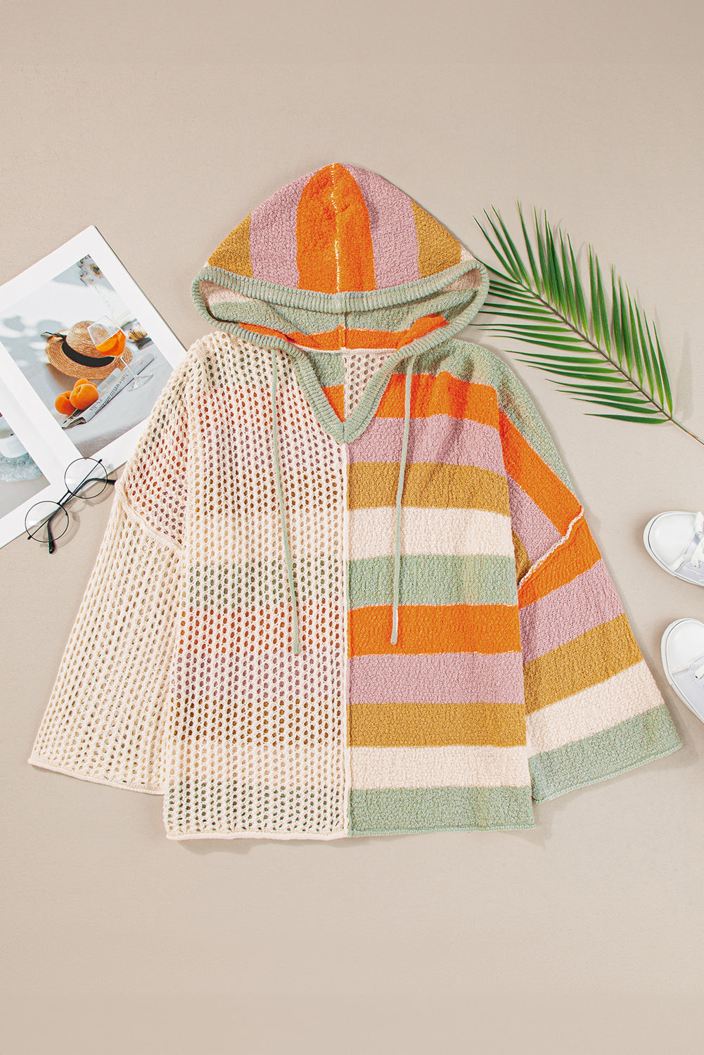 Harper Oversized Colorblock V Neck Hooded Sweater - Threaded Pear