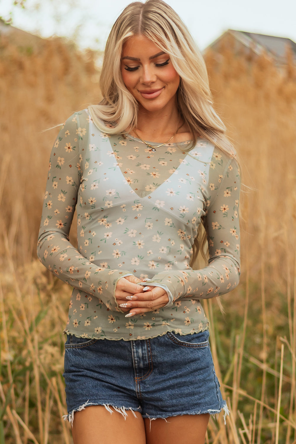 Amber Vintage Floral Mesh Long Sleeve Top - Threaded Pear