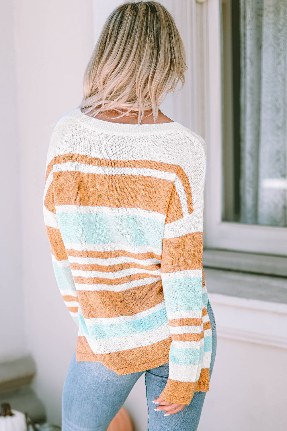 Amelia Stripe Long Sleeve Split Sweater - Threaded Pear