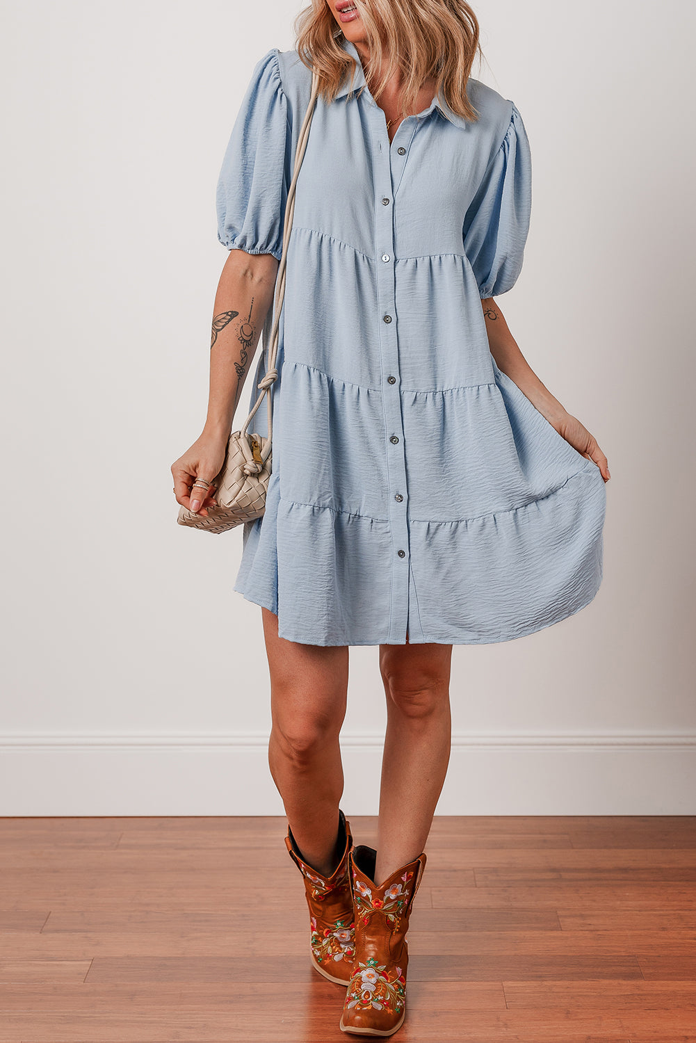 Arya Shirt Collar Button Up Puff Sleeve Tiered Dress - Threaded Pear