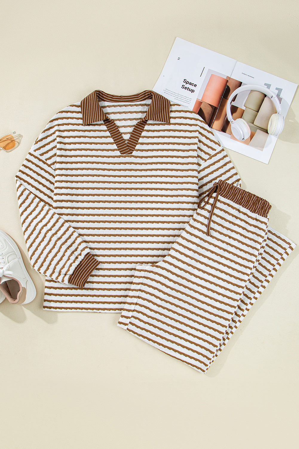 Stephanie Stripe Collared Pullover Set - Threaded Pear