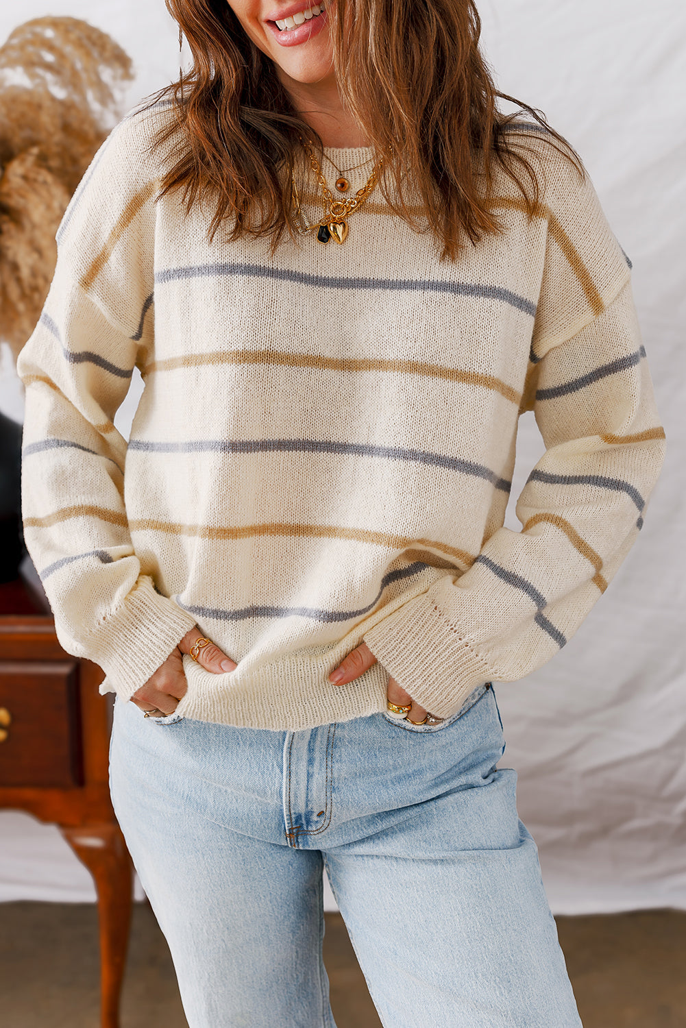 Eden Striped Ribbed Edge Drop Shoulder Sweater - Threaded Pear