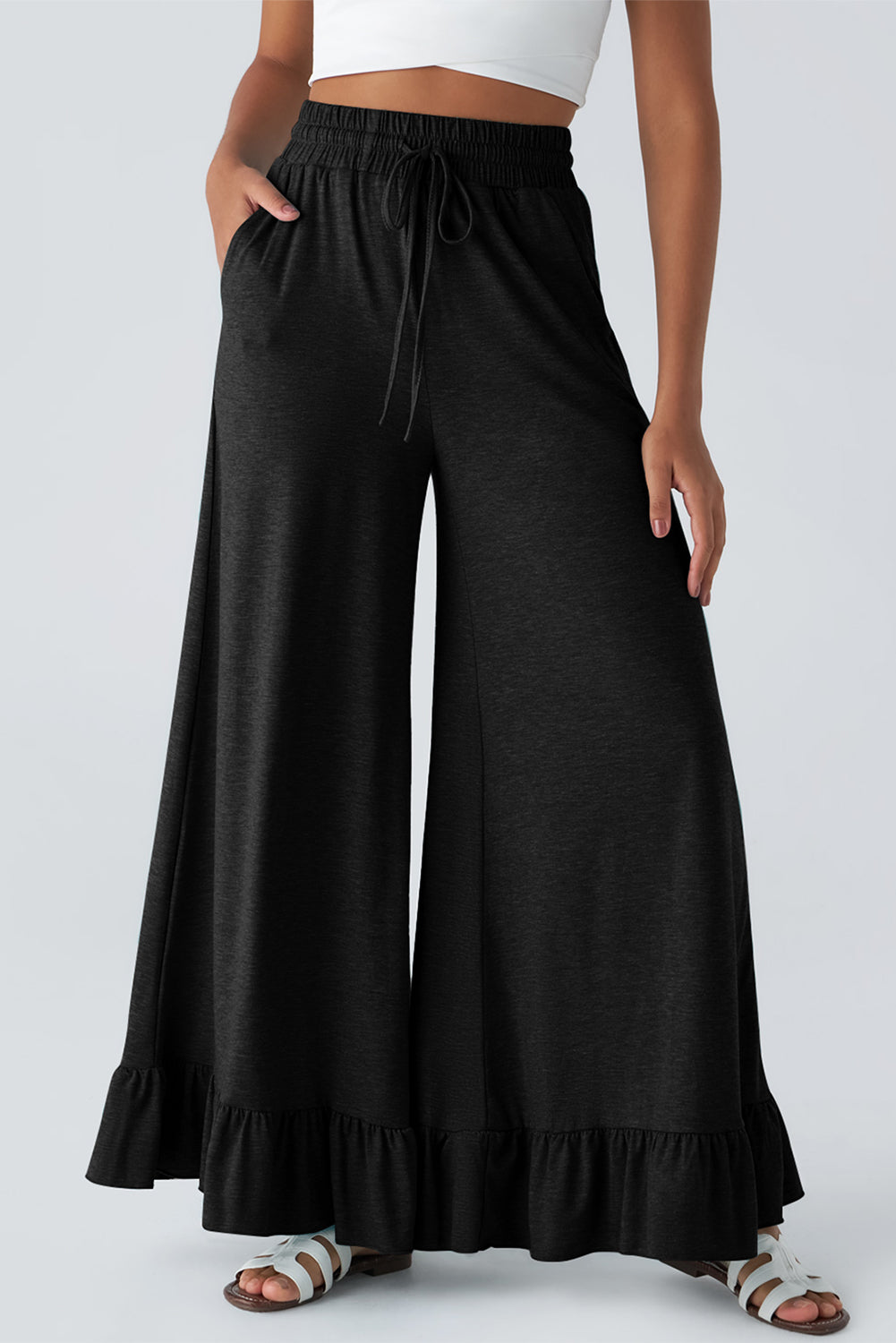 Freya Ruffled Wide Leg Pants with Pockets - Threaded Pear