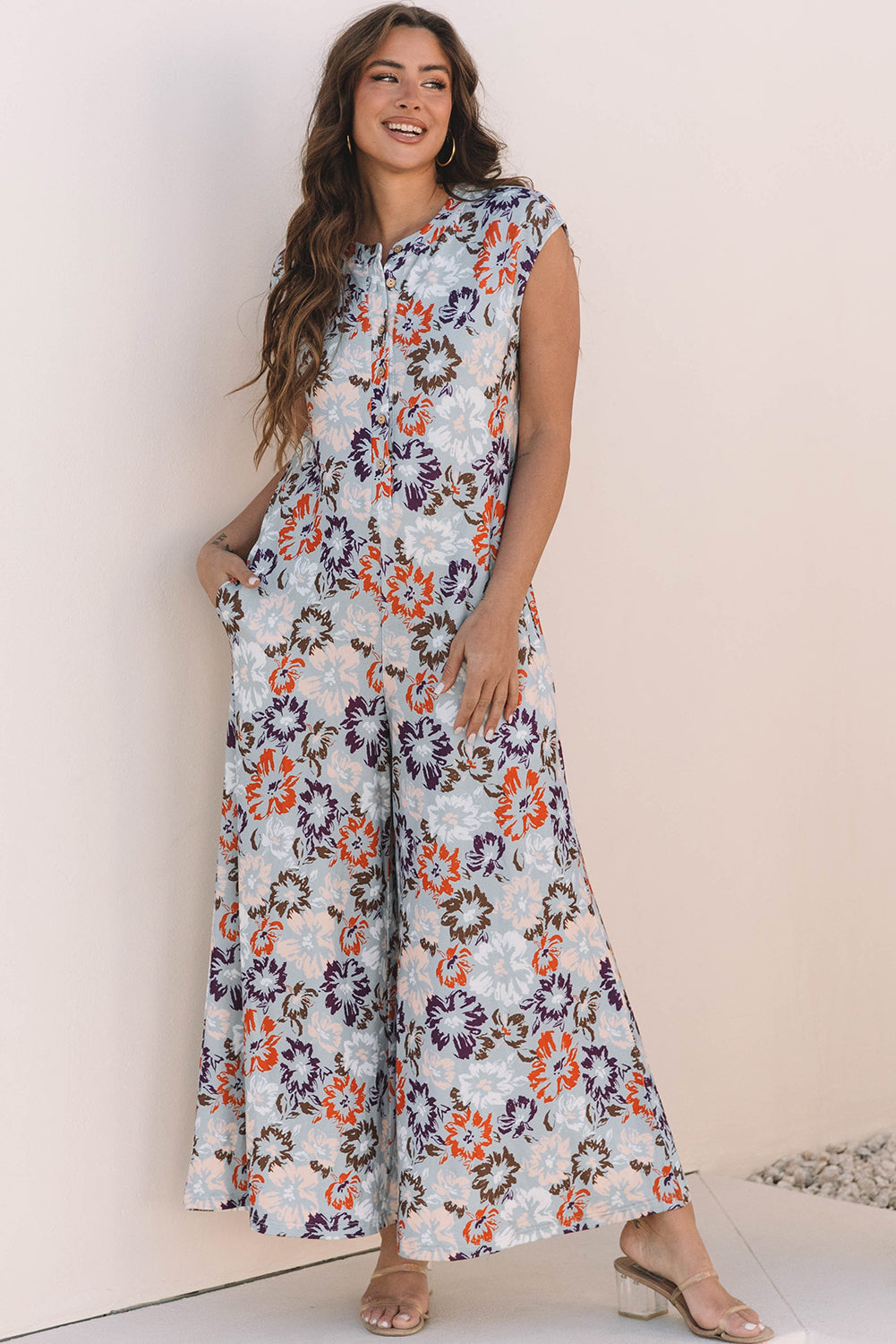 Kylee Floral Sleeveless Buttoned Wide Leg Jumpsuit - Threaded Pear
