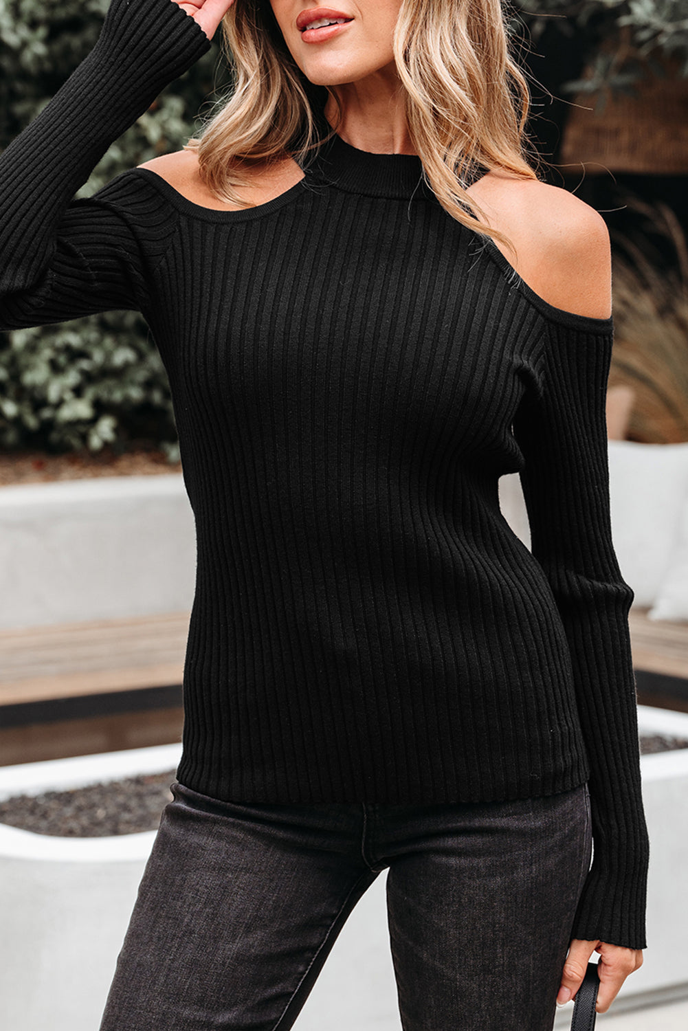 Bailey Ribbed Knit Cold Shoulder Sweater - Threaded Pear