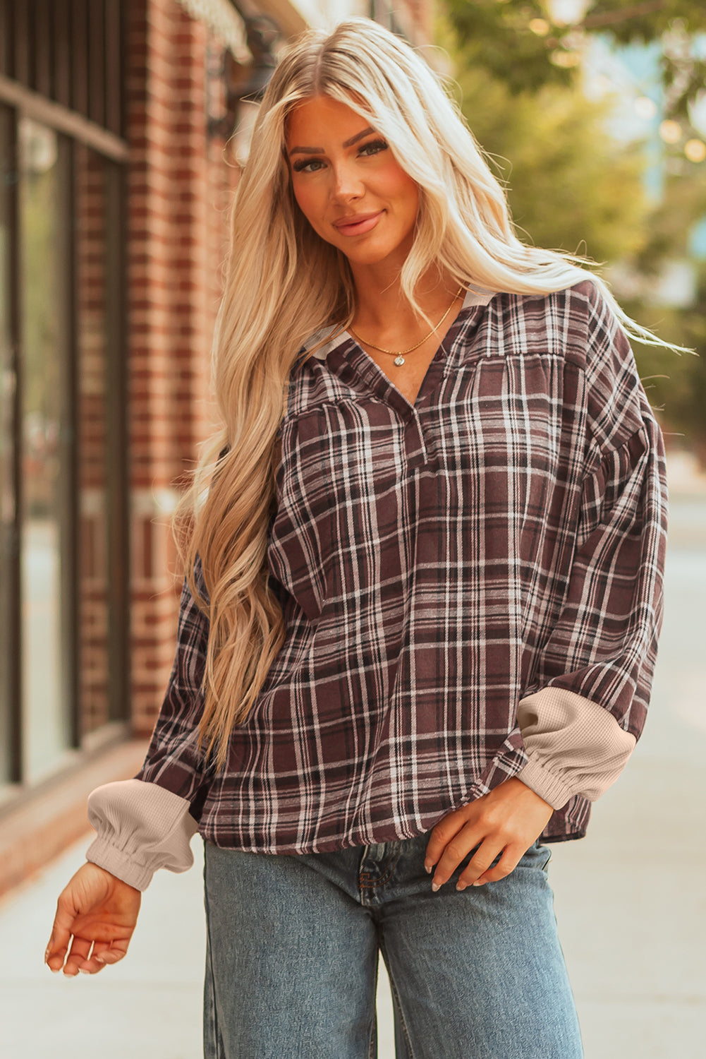 Lauren Plaid Patchwork Long Sleeve Hooded Top - Threaded Pear