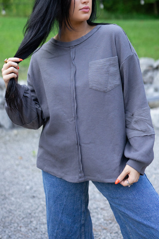 Kairi Exposed Seam Waffle Knit Top - Threaded Pear