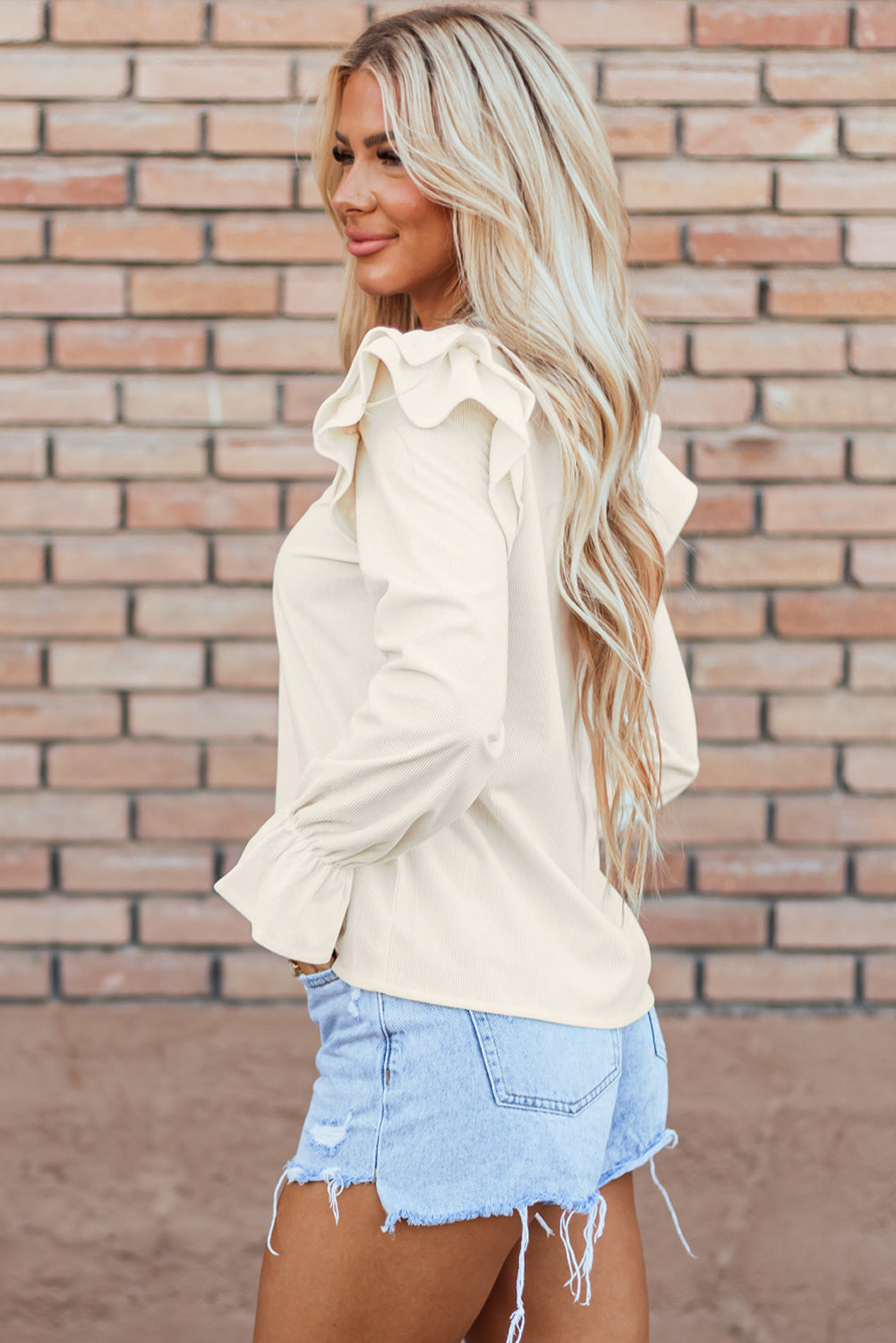 Leanna Ruffled Corduroy Blouse - Threaded Pear