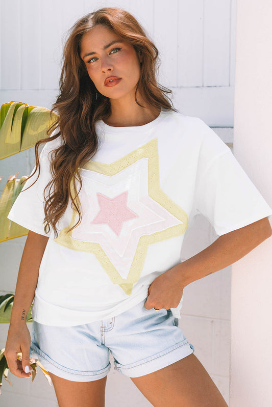 Lisa Layered Star Patched Half Sleeve Loose Top - Threaded Pear