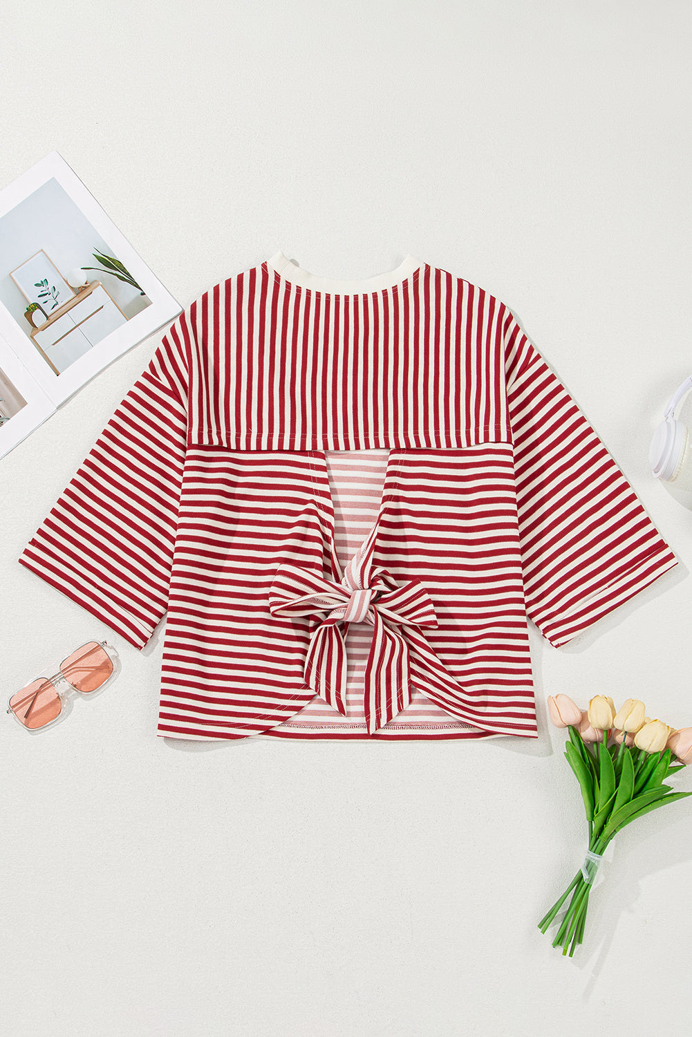Riley Stripe Bowknot Cutout Back Loose Top - Threaded Pear