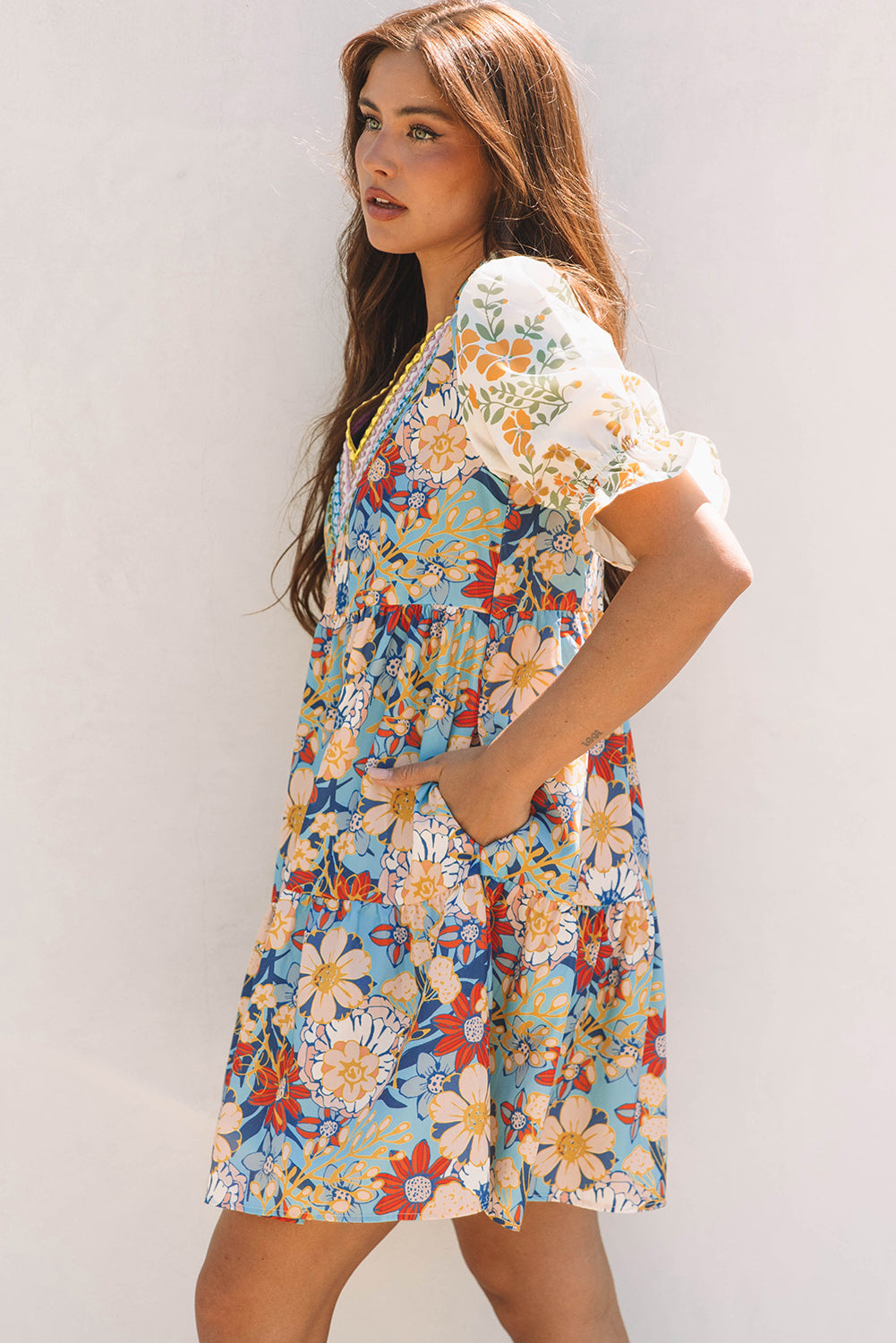 Livia Boho Floral Crochet V Neck Dress - Threaded Pear