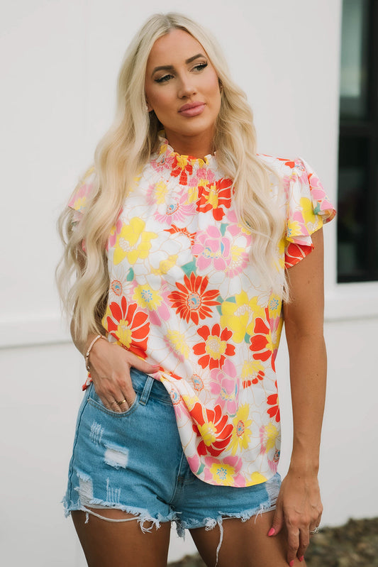 Judith Multicolor Flutter Sleeves Floral Blouse - Threaded Pear