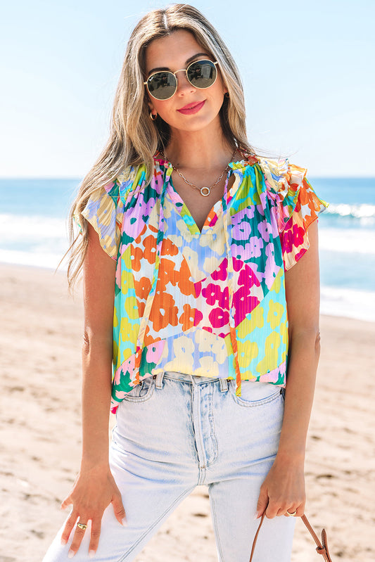 Rosa Flutter Sleeve V Neck Crinkled Blouse - Threaded Pear