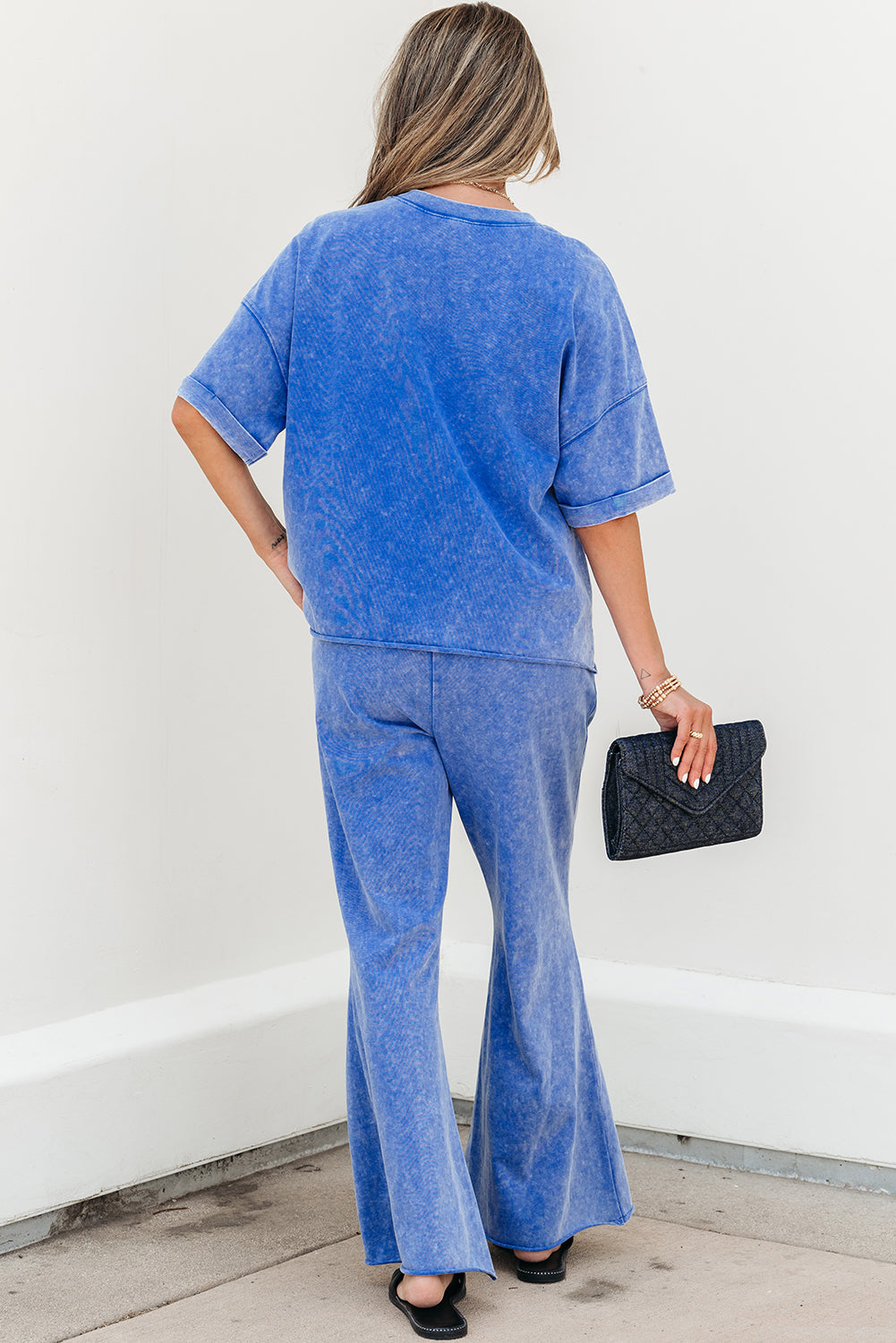 Arabella Acid Wash Star Patched Rolled Trim Pants Set - Threaded Pear