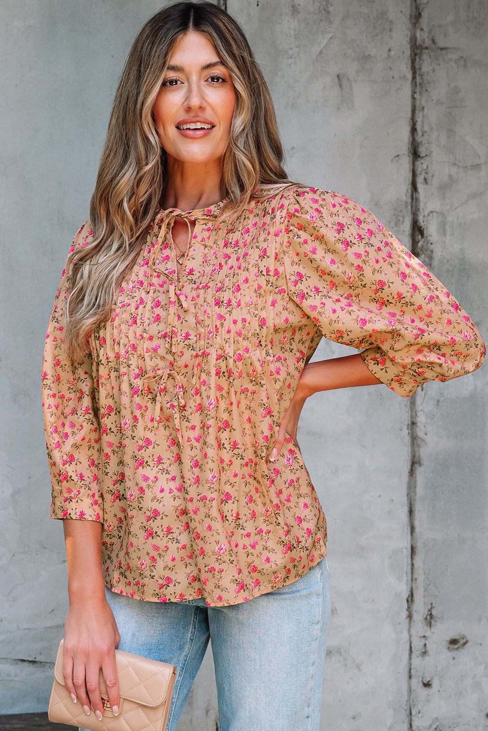 Sadie Floral Bow Pin-tuck Bust Half Puff Sleeve Blouse - Threaded Pear