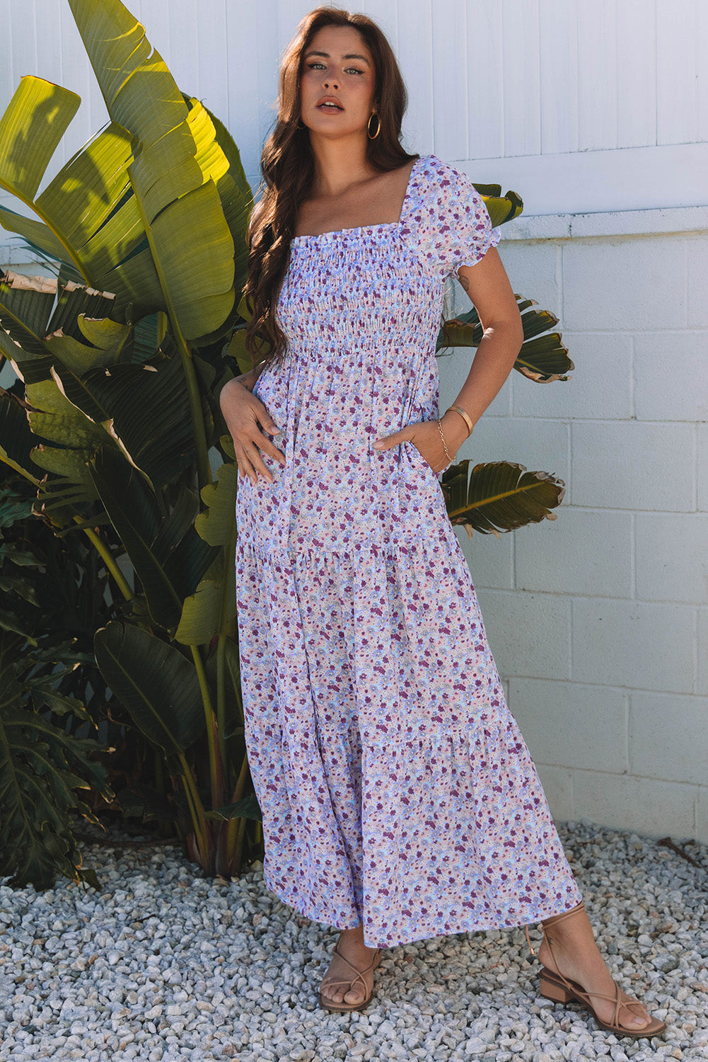 Lacey Floral Short Bubble Sleeve Maxi Dress - Threaded Pear