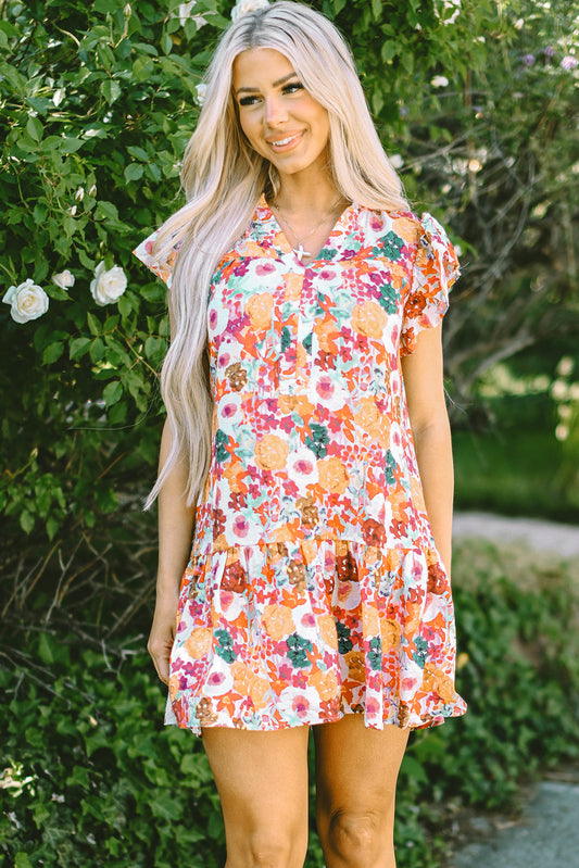August Floral Print Split Neck Flutter Sleeve Dress - Threaded Pear