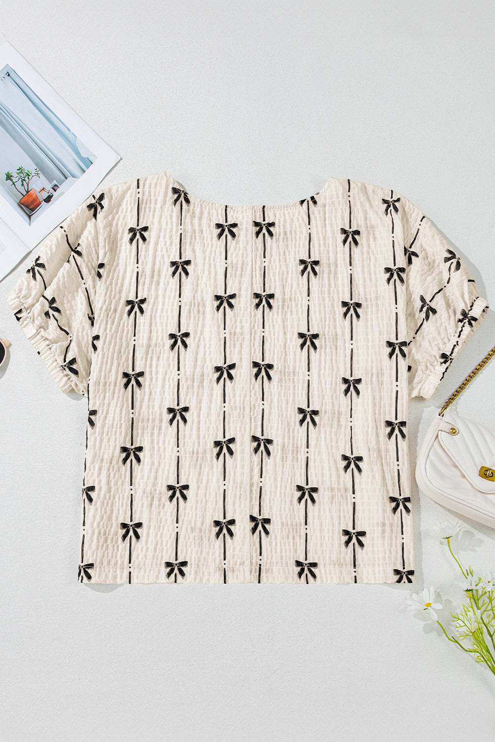 Aviana Bow Print Puff Short Sleeve Top - Threaded Pear