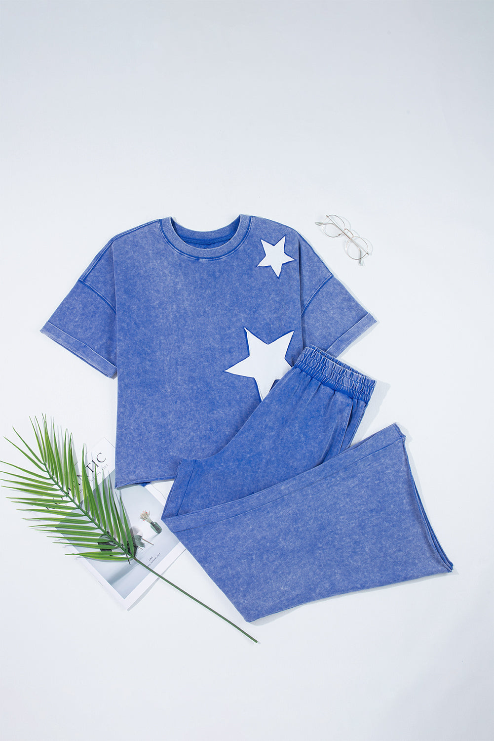 Arabella Acid Wash Star Patched Rolled Trim Pants Set - Threaded Pear