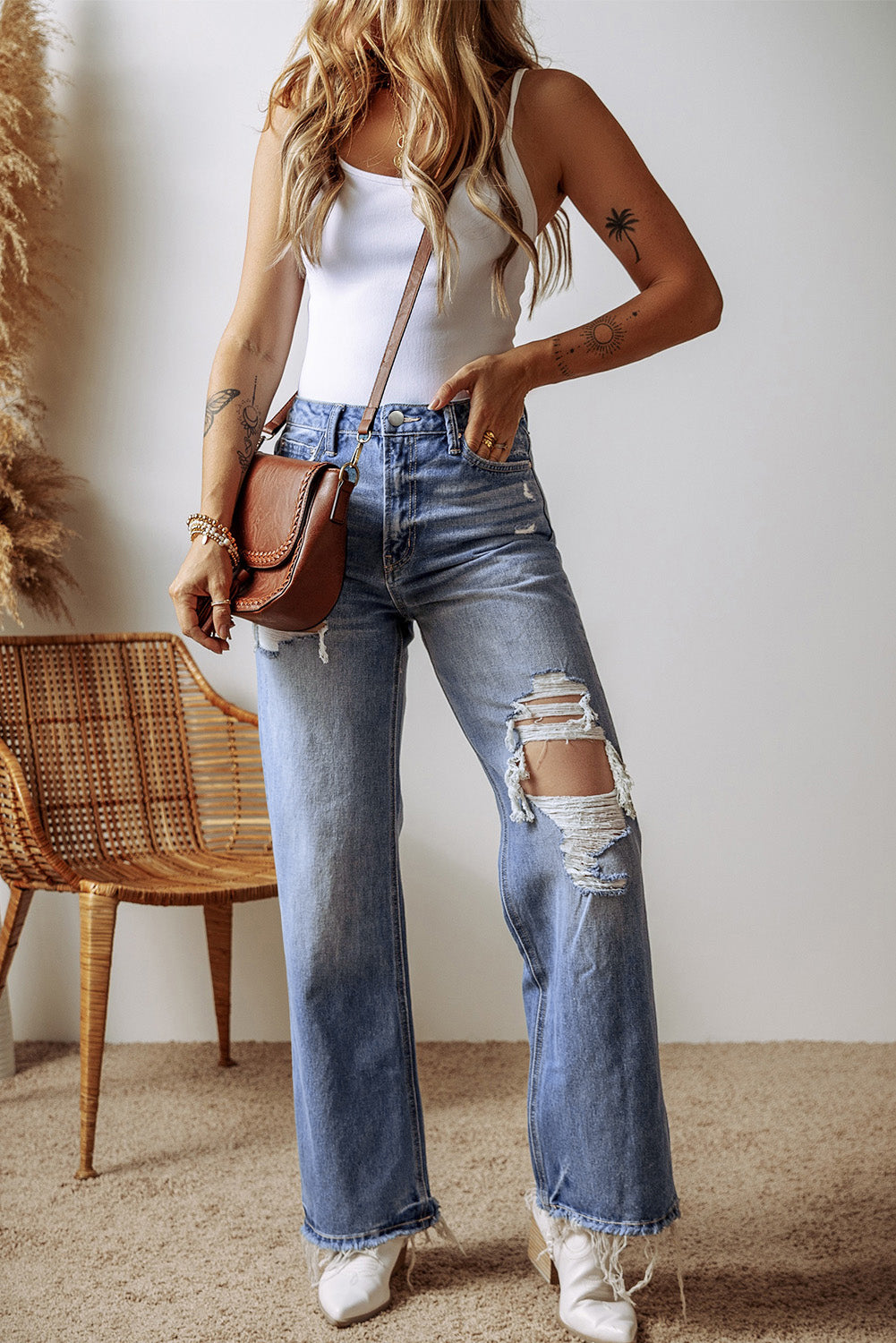 Madilyn Distressed Raw Hem Straight Leg High Waist Jeans - Threaded Pear